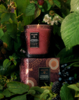 Two Voluspa candles in 'Foraged Wildberry' packaging surrounded by greenery and berries.