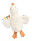 Plush toy goose with a colorful tag on a white background