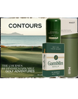 Golf-themed book and canister set with 'Contours' and 'Gamblin Golf' branding on a white background.