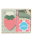Notebook set with strawberry design and checkered pen in a box labeled 'Summer strawberries'.