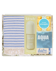 Kitsch perfume set with striped towel and 'Aqua' bottle on a white background