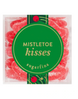A package of Mistletoe Kisses Sugarfina gummy candies, featuring red sugar-coated gummies visible through a clear plastic container with a green holiday-themed label.