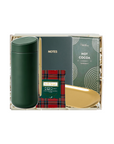 A curated gift set in a white box containing a dark green insulated tumbler, a dark green notebook, a red tartan-patterned HelloFresh box, a gold-colored scoop, and a dark green hot cocoa book.