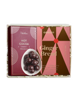 A boxed gift set from Goodoo Theorations featuring gingerbread cookies and hot cocoa. The packaging is a geometric pattern of pink, brown, and dark brown triangles with gold lettering, and a separate card on the left is labeled 'HOT COCOA' with an image of dark chocolate hot cocoa balls in a white bowl.