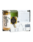 A gift set collage featuring a jar of Quinty Italian garlic and herb marinade, a green Martini glass, a white cocktail napkin, and three martini glasses on a white background.