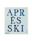 A square art print with a light blue textured background and bold dark blue text reading 'APRÈS SKI'. Small text at the bottom left reads 'linhome' and there is a small signature on the right side.