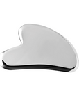 A polished chrome gua sha facial massage tool with a smooth, curved, teardrop-like shape, shown on a solid white background.