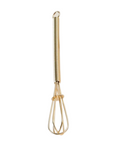A gold-colored metal whisk with a long, tightly coiled handle and thin wire loops at the bottom, shown against a plain white background.