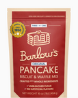 A 16 oz bag of Barlow's Original Pancake Biscuit & Waffle Mix, featuring a deep red front label with cream text and logo, a gold 'Family Tradition Since 1950' seal, and beige stand-up edges on a white background.