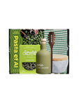 A curated pasta gift set in a printed box, featuring a green bottle of evie Olive Oil, a green box of Scratch No. 1 Pasta Co.