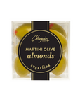 Chopin & Co. Martini Olive Almonds sugarfina in a clear square plastic box with a black circular label.