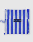 Blue and white striped reusable bag with 'BAGGU' logo on a light gray background