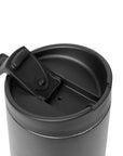 Black travel mug with a lid on a white background