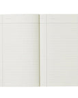 An open lined notebook with cream-colored pages and a light yellow binding, displayed against a clean white background.