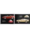 Book open to pages showing illustrations of red and yellow sports cars on a white background