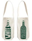 Two canvas wine tote bags with green bottle illustrations and white text on a white background.