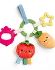 Colorful baby teething ring with fruit-shaped toys on a white background