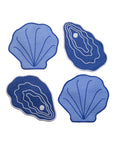 Four blue shell-shaped patches on a white background