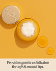 Lip balm container with exfoliating beads on a yellow background