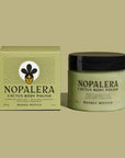 Nopalera Cactus Body Polish shown with its matching light olive-green box and a frosted jar with a black lid, on a solid beige background.