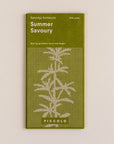 Green packet of Summer Savoury seeds with plant illustration on a beige background