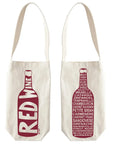 Two canvas wine bags with red wine bottle design and text on a white background