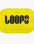 bright yellow sheet mask that says 'LOOPS' on it