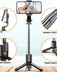 Smartphone holder with tripod stand, remote control, and stainless steel material features on a light background.