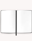 Open notebook with blank pages on a white background