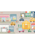 Illustration of a city street with various buildings, vehicles, and people.