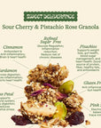 A product information graphic for Sweet Deliverance Sour Cherry & Pistachio Rose Granola. The top half features a beige background with a dark green banner and text detailing the ingredients and health benefits of cinnamon, rose petal, pisachios, cardamom, and pink salt.