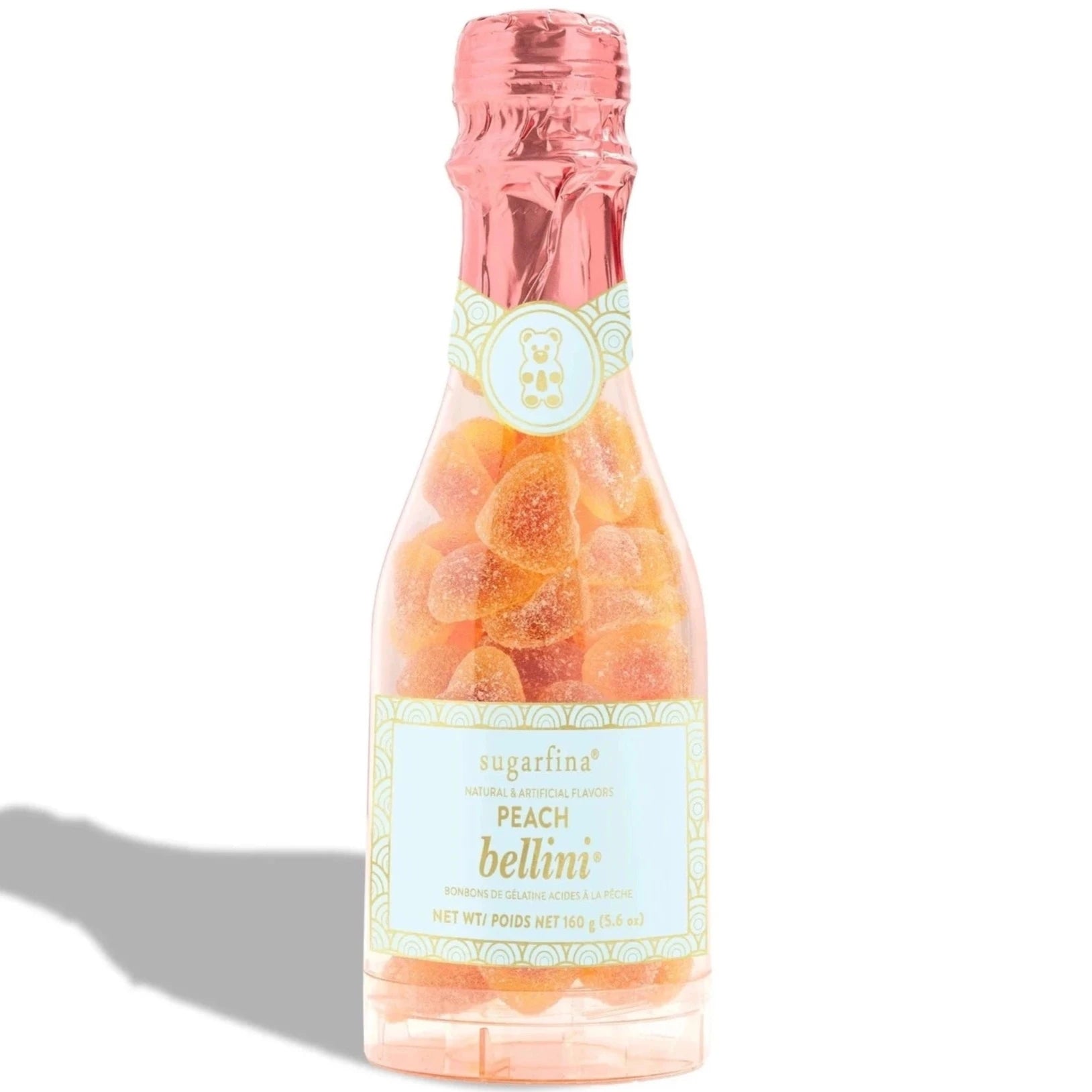 Pink &amp; Blue Celebration Bottle filled with Peach Bellini Heart Shaped Gummies