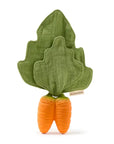 Plush toy shaped like a carrot with green leaves on a white background