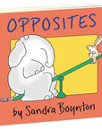 Book cover of 'Opposites' by Sandra Boynton with illustrations of an elephant and a rabbit on a seesaw.