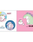 Illustrations of a pig and a dinosaur on a white and pink background with text.