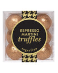 A clear square plastic box containing six metallic brown espresso martini truffles, with a black and gold label in the center reading 'ESPRESSO MARTINI truffles' and 'sugarfina'.