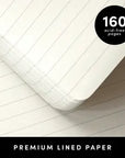 Stack of premium lined paper with a label indicating 160 acid-free pages on a wooden surface.