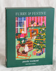 Jigsaw puzzle box titled 'Furry & Festive' with a Christmas-themed illustration on a white background.