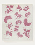 White cloth with pink berry illustrations and names on a white background