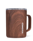 Wooden-textured mug with handle and Corkcicle logo on a white background