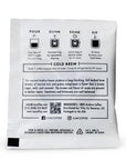 The back of a white reusable coffee bag with printed instructions, ingredients, QR codes, and branding for Cold Brew and SauCaffee, photographed on a white background.