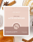 ESW Beauty Iced Chai Latte Eye Patches in a white and dusty pink packaging card, styled on a white background with cinnamon sticks, star anise, and coffee cups.