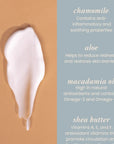 Product smear with text about chamomile, aloe, macadamia oil, and shea butter on a split background.