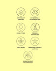 Set of icons and text on a light green background, highlighting various product attributes.