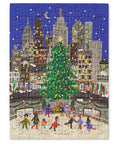 Jigsaw puzzle with a Christmas-themed cityscape design on a blue background