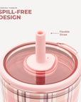 Close-up of a pink tumbler with a flexible straw lid, featuring a plaid pattern and text overlays highlighting spill-free design.