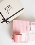 BOXFOX Original Creme Box with Notem Medium Vita Notebook - Rose, BOXFOX Camellia Pink Mug, BOXFOX Pink Bullet Pen, Cloth & Paper Sticky Notes, and 2 Tea with Tae Hibiscus Rose Sachets