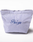 A small fabric pouch with vertical blue and white stripes and the word 'Périge' embroidered in blue script on the front, photographed on a clean white background.