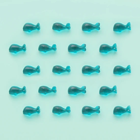 blue whale gummies lined up against a blue background