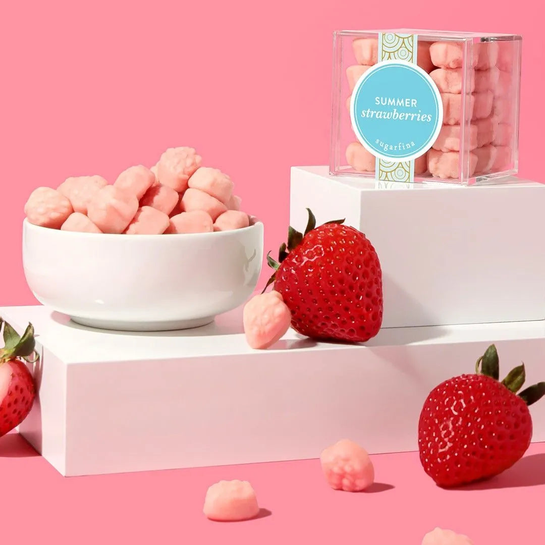 SUMMER STRAWBERRIES in candy cube and dish next to strawberries 